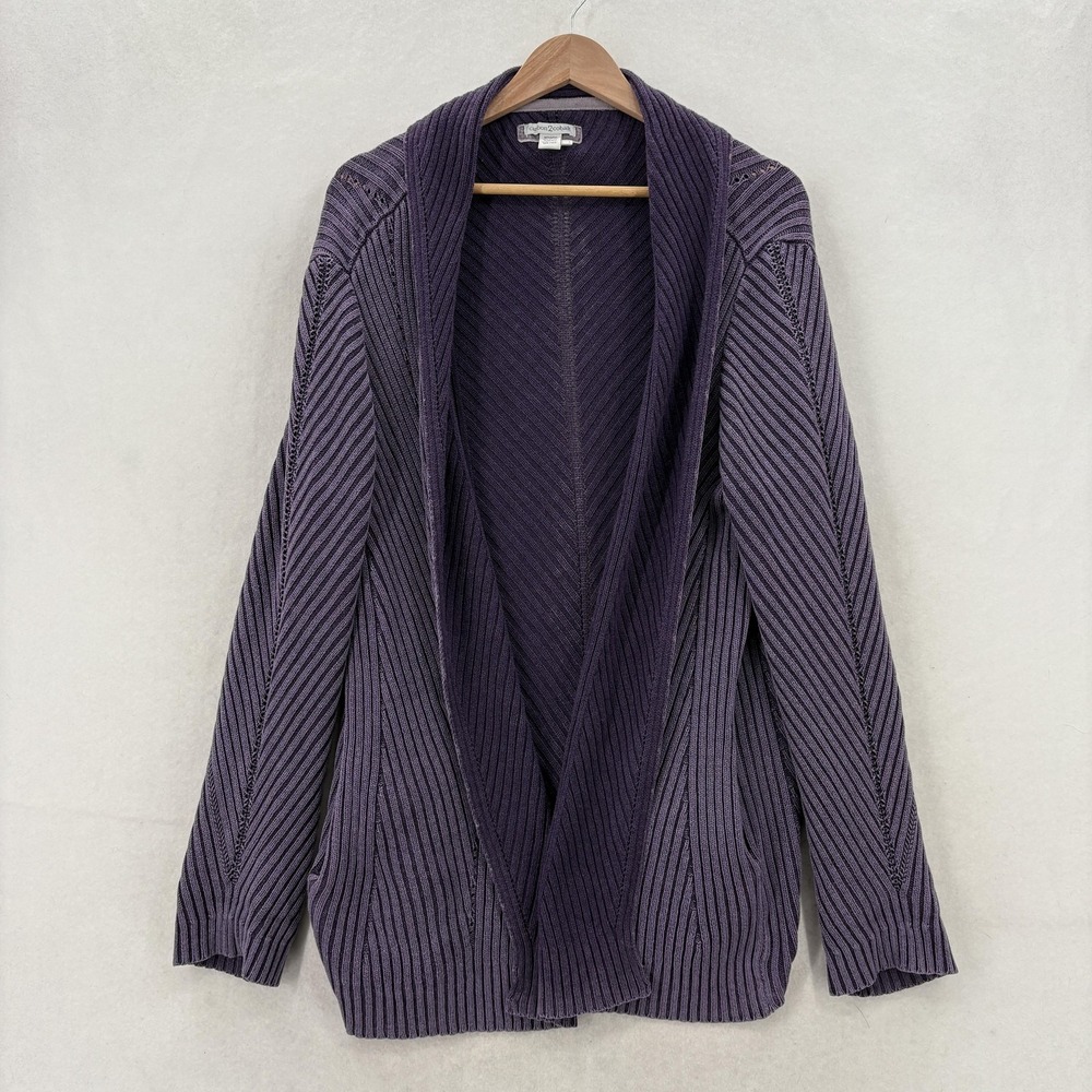 Carbon2Cobalt Aster Cardigan Sweater Womens Large Purple Cotton Open Front Knit